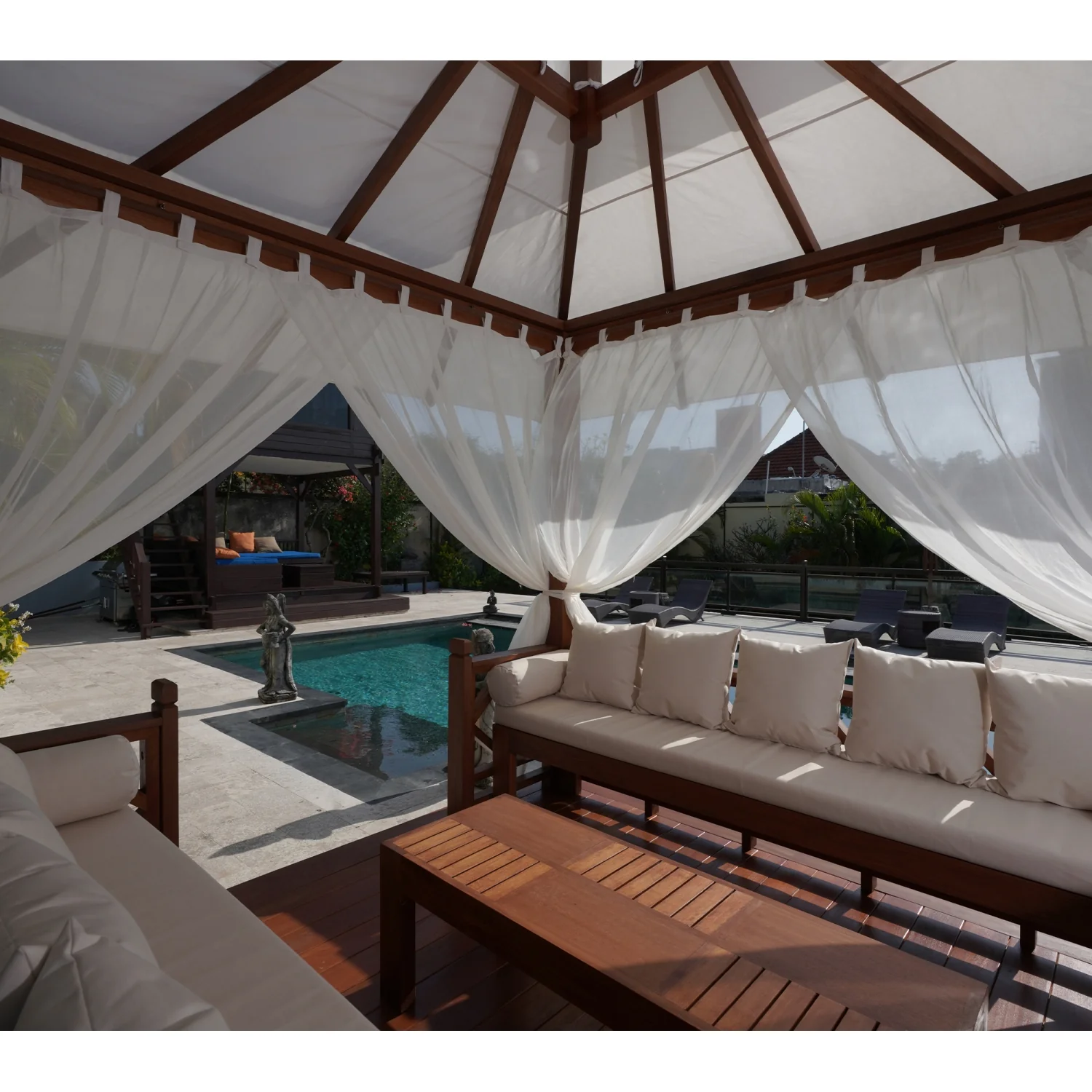 Exaco | 10x10 Ft Exquisite Handcrafted Solid Wood Gazebo With Canopy, Coffee Table and Benches From Bali Indonesia - Image 8