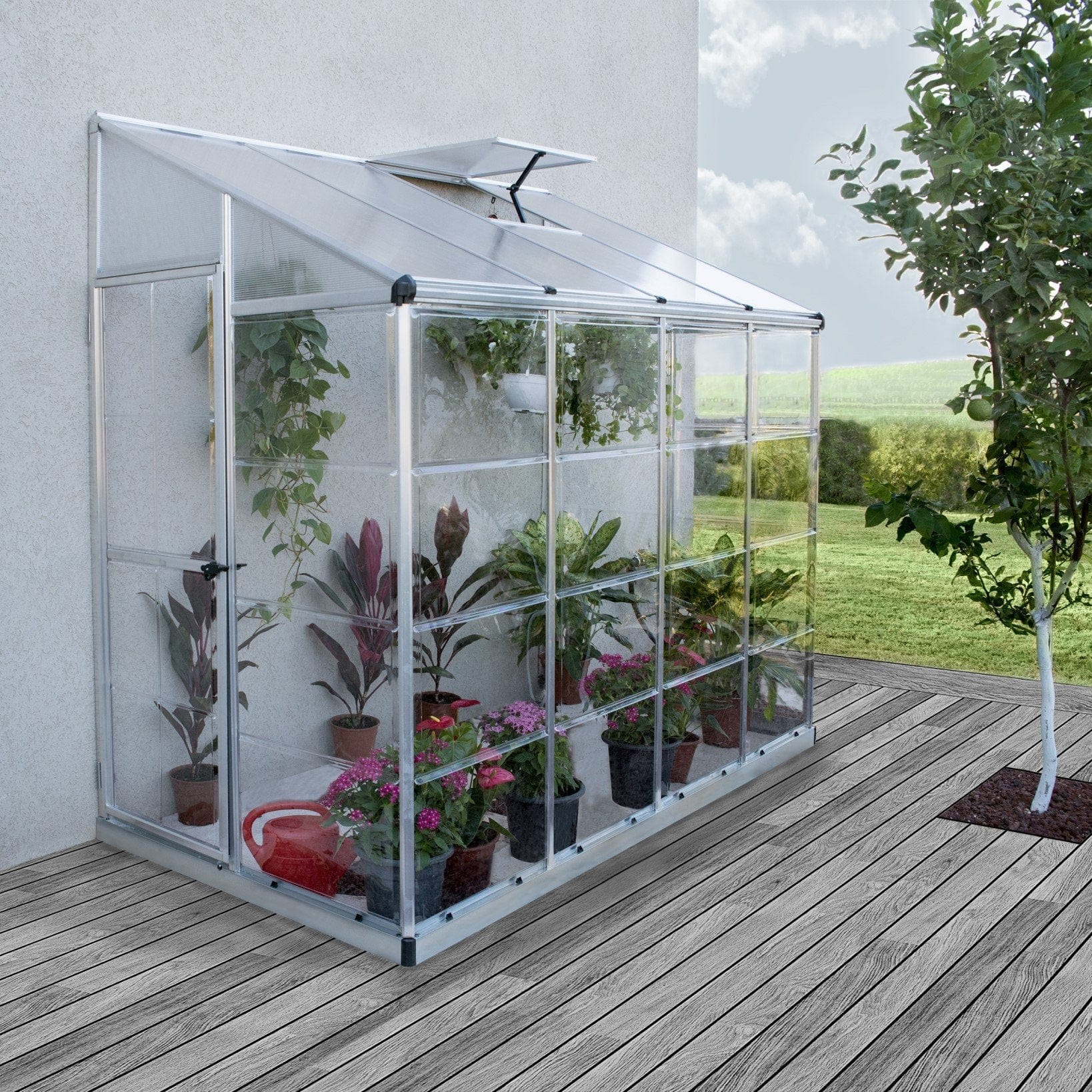 Palram - Canopia | 4x8 ft Hybrid Lean-To Greenhouse Kit - Silver With 0.8mm Polycarbonate Glazing