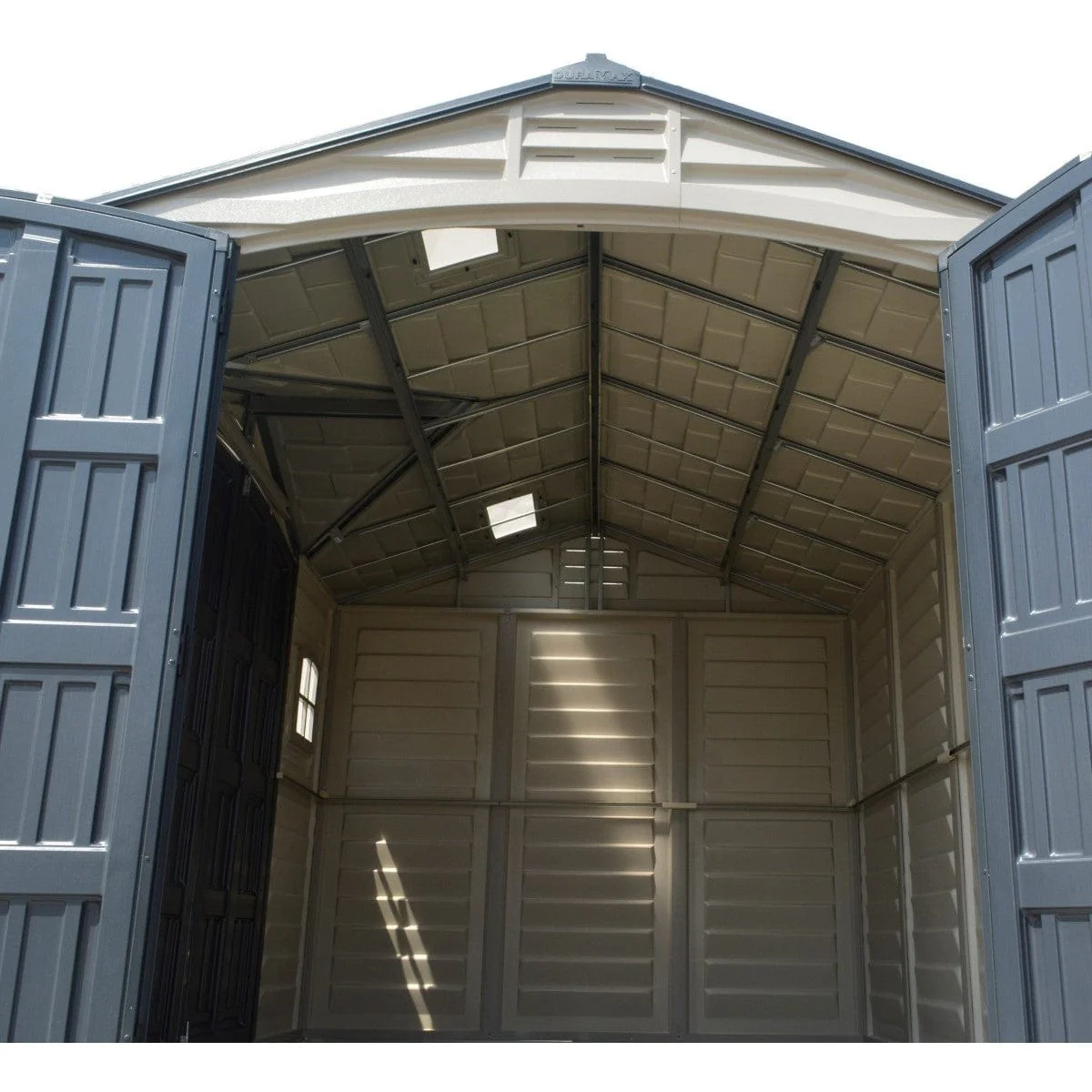 DuraMax | 15x8x6 ft Apex Pro Vinyl Plastic Storage Shed with Foundation, 2 Windows & a Sidedoor - Image 4